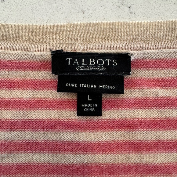 Talbots Boyfriend Sweater Button Down Cardigan Italian Merino Wool Beige Pink L - Picture 5 of 8